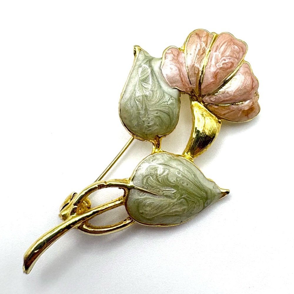 Vintage Signed MCJ Gold Plated Pearlized Enamel Flower Brooch Pin